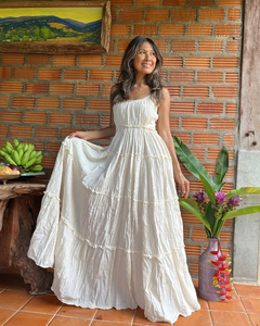 High Quality Custom White Knitted Organic Cotton Long Dress Spaghetti Strap V-neck Smocked Back Tiered Ruffle <b>Boho</b> Beach - Product Image 2