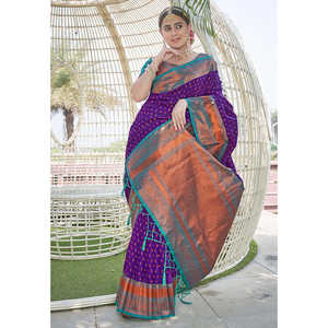 Warm <b>Purple</b> 1000 Butti Zari Woven Paithani Silk <b>Saree</b> Elegant Evening Dress - Product Image 3