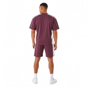 Ensemble T-shirt et short pour homme, couleur bordeaux, col rond, décontracté, été, respirant, tricoté, 100% coton - Product Image 2