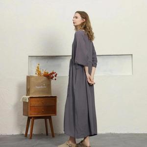 Boho Chic Plain Grey Cotton Linen Maxi <b>Dress</b> O-neck 3/4 Sleeve <b>Loose</b> Fit Tie Waist Summer Casual <b>Dress</b> For Women - Product Image 4