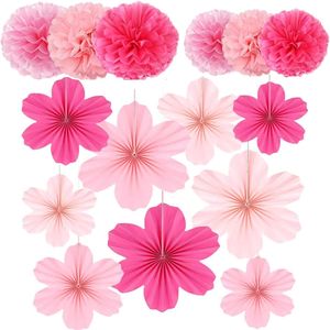 Set di 15 Decorazioni da Parete con Ventaglietti Floreali Rosa Pastello e Pompon in Carta Velina per Feste di Laurea, Compleanno, Matrimonio - Product Image 1