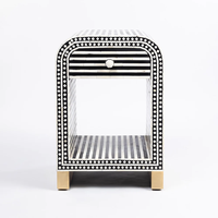 Table d'appoint traditionnelle rayée noir et blanc avec 5+ tiroirs, étagère ouverte, écologique, durable, meubles de salon et de salle à manger, pieds dorés