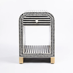 Modern Black White Striped <b>Side</b> Table With <b>Drawer</b> And Open Shelf Living Room Furniture Contemporary Design Gold Legs - Product Image 3