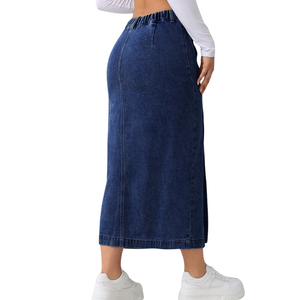 Women's High <b>Waist</b> Button Front Denim Maxi Skirt Casual Long Length Stretch Blue <b>Jean</b> <b>Elastic</b> Back <b>Waist</b> Winter XL Everyday - Product Image 2