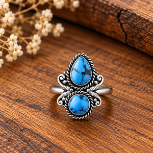 Anillo de Diseño Único Color Turquesa Algodón de Azúcar, Hecho a Mano, Estilo Bohemio Occidental, Joyería con Piedras Preciosas, Anillo de Moda - Product Image 1