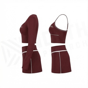 North Approach 2 Piece Yoga Set Deep V Neck Spaghetti Strap Crop Top High Waist <b>Skirt</b> Solid Burgundy Breathable Sportswear - Product Image 3
