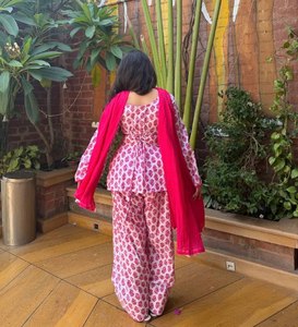 Pink Floral Women 2 Piece Casual <b>Work</b> Set Long Sleeve Top Wide Leg Pants Printed Salwar Kameez Outfit with Scarf - Product Image 2