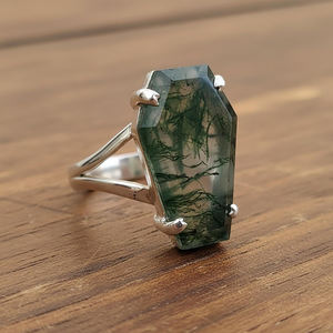 Nueva Llegada Anillo de Ataúd de Plata de Ley 925 Auténtica con Ágata Musgosa para Mujer, Joyería de Moda Bohemia, Joyería para la Ansiedad, Fabricación India - Product Image 5
