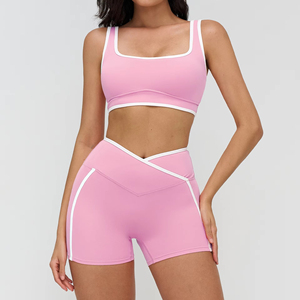 OEM Women's Summer Sports <b>Yoga</b> Suit <b>Set</b> Front Logo Breathable Solid Color Elastic Waist Hip Tie Dye Quick Drying Short Tops - Product Image 5