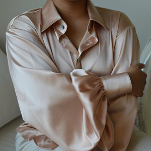 Chemisier en Soie pour Femme à Manches Longues, Col Revers, Boutonné, Couleur Unie, Tendance, Élégant, pour le Bureau, en Soie de Mûrier - Product Image 5