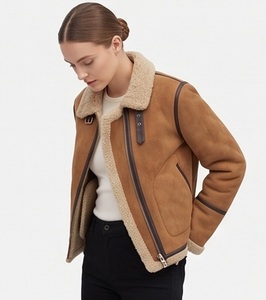 Wholesale <b>Women</b> <b>Tweed</b> Sheep Skin B3 Bomber <b>Jacket</b> Regular Windproof Eco-Friendly Custom Contrast Trim Detachable Collar Winter - Product Image 3