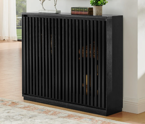 Meuble de rangement moderne en bois noir, buffet étroit, console avec portes à fentes verticales, vente en gros d'usine MDF - Product Image 5