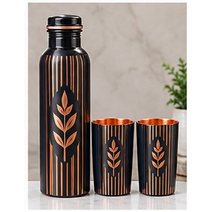 Juego de Botellas de Agua Modernas de Cobre Negro con Rayas Diagonales Doradas, Botellas Portátiles de Viaje con Tapas - Product Image 6