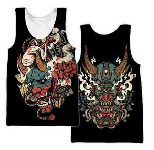 เสื้อกล้ามผู้ชายผ้าโพลีเอสเตอร์ถัก ระบายอากาศได้ดี คอกลม ลายพิมพ์สไตล์ญี่ปุ่น พร้อมลายพิมพ์ดอกไม้ ปีศาจมังกรสีแดง ภูเขาไฟฟูจิ และคลื่น - Product Image 1