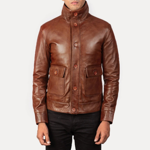 Men's <b>Brown</b> Genuine Leather <b>Jacket</b> Stand Collar Button Closure Slim Fit Regular Length Casual Autumn Style - Product Image 4