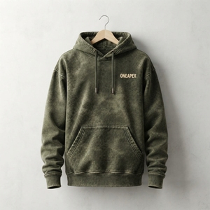Sweat-shirt à capuche personnalisé vert olive délavé avec logo brodé pour homme, style streetwear - Product Image 1