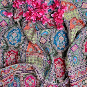 Pure Banarasi <b>Silk</b> Soft Jacquard Brocade Geometric Pattern Multi-Color Dark Green Base Medium Weight for Apparel-Wedding/Special - Product Image 5