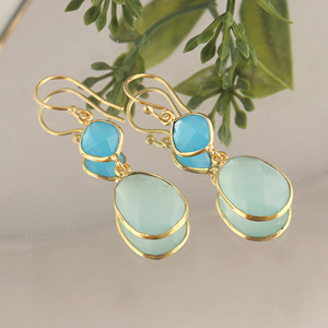Aqua blue chalcedony briolette dangling <b>earrings</b> handmade bezel set dual stone <b>hook</b> <b>earrings</b> elegant gold plated crystal jewelry - Product Image 2