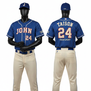 Uniforme de baseball respirant pour hommes, 160 GSM, polyester premium, rayures crème bleu rouge, sergé, logo personnalisé - Product Image 3