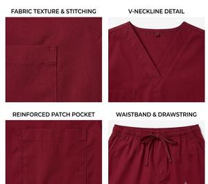 Women's Red V-Neck <b>Scrub</b> <b>Set</b> With Pockets Breathable Polyester Pants Uniform Adult Medical Wear - Product Image 3