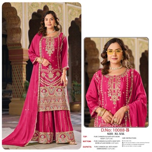 Salwar Kameez en pure soie Chinnon avec broderies riches pour femmes, taille XL-XXL, tenue traditionnelle indienne pour mariage - Product Image 1