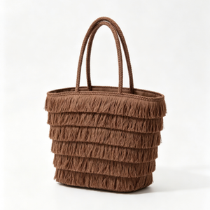 Bolso tote personalizado con flecos marrones, bolso de mano con borlas superpuestas, bolso tote con asa de cuerda tejida, bolso de hombro estilo paja - Product Image 3