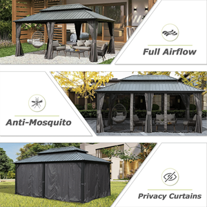 Gazebo en métal et aluminium à toit rigide de 12 'x 18', auvent double en acier galvanisé avec filet de rideau pour patio, jardin, terrasse, pelouse - Product Image 5
