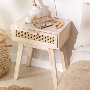 Table de chevet moderne en bois massif style Shaker avec 1 tiroir et insert en rotin beige, pour chambre à coucher et salon, Rajasthan - Product Image 2