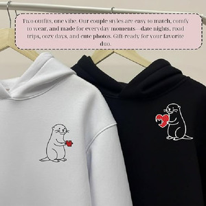 Sudaderas con capucha bordadas con diseño de nutria rosa y negra para mujer, sudadera informal con estampado de dibujos animados, sudadera con capucha de fibra de bambú y algodón, ropa de otoño - Product Image 5