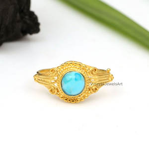 Belle bague en turquoise naturelle d'Arizona, argent sterling 925, 8 mm rond, plaqué or 18 carats, vermeil éternel, bijoux bohèmes en argent - Product Image 4