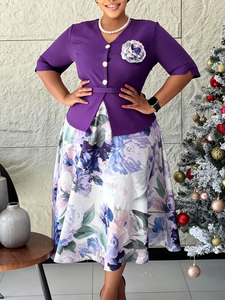 Robe longue d'été pour femme africaine SE12150 avec imprimé floral, patchwork, manches courtes et design moulant effet deux-pièces - Product Image 2