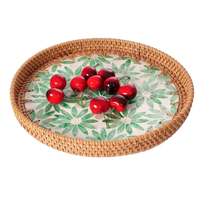 Rattan Tray with Mother of Pearl Inlay Round Wicker Serving <b>Basket</b> for Bread Fruit Coffee Decorative <b>Display</b> Tray - Product Image 1