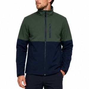 Chaqueta Softshell para Hombre en Bloques de Color Verde Bosque y Azul Marino, Cuello Alto, Bolsillo con Cremallera en el Pecho, Ropa para Exteriores, Alta Demanda - Product Image 1