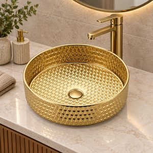 Luxury Geometric Textured Brass <b>Sink</b> Round Gold Countertop Wash Basin Diamond Pattern <b>Bathroom</b> Vessel <b>Bowl</b> Hotel Villa Decor - Product Image 2