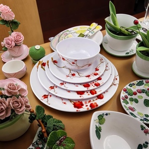 Traditional Asian <b>Melamine</b> Dinnerware Set Flat Plates Pigmented Red Plant Pattern Asian Zen Style Dishwasher Microwave Safe - Product Image 1