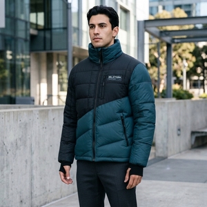 Veste matelassée pour homme, color block, col montant, empiècements diagonaux, chaude, zippée, hiver, OEM ODM, vente en gros - Product Image 4