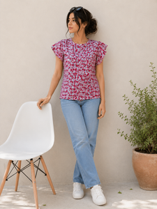 Camiseta de Verano de Algodón Casual con Estampado Floral Rosa, Cuello Redondo, Manga Corta con Volantes, Suave, para Uso Diario, Ropa de Mujer, Exportador Mayorista - Product Image 5