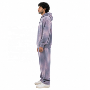 Ensemble de survêtement molletonné tie-dye pour hommes, sweat-shirt et pantalon décontractés oversize avec poche avant à logo, coupe régulière, fournisseur en gros - Product Image 4