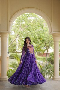 Purple Embroidered Rayon <b>Kurta</b> Gown Floor-Length Loose Fit Traditional <b>Indian</b> Pakistani Women's Wedding Wear All Seasons - Product Image 1