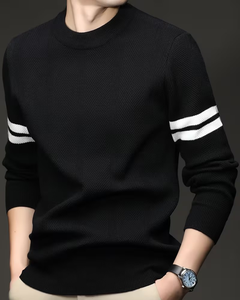 Men's Customizable Black Terry Knitted Crew Neck Breathable Pullover White Striped Sleeves Casual Winter Wear Oversized Fit - Product Image 2