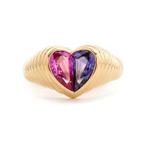 Wholesale Heart Lab Grown Pink and Purple Sapphire 14K Solid Yellow <b>Gold</b> <b>Ring</b> Luxury Bezel <b>Set</b> Toi et Moi Half Heart Fancy <b>Ring</b> - Product Image 3