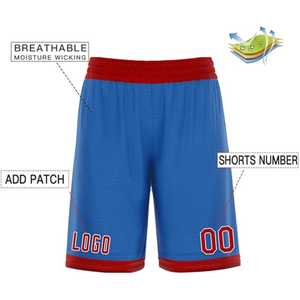 Shorts de basket-ball bleus pour hommes avec bordure rouge, logo et numéro 00 imprimés par sublimation, design sportif en maille respirante - Product Image 3