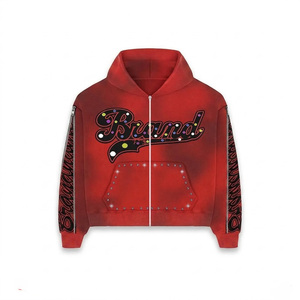 Factory Custom Oversize Acid Wash Streetwear Sweatsuits Baggy Rhinestone Heavyweight Tracksuit Cotton Men Zip-up Hoodie <b>Set</b> - Product Image 2