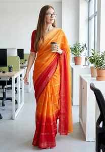 Sari de Georgette de Bollywood con adornos KV, efecto ombré y teñido (Rojo, Naranja) - Product Image 6