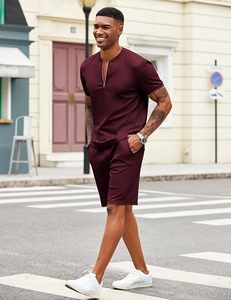 Conjunto de Pantalones y Top de Manga Corta con Cuello de Punto y Cierre de Cremallera para Hombre, Color Borgoña, Ropa Casual de Verano, Transpirable, de Color Sólido, Dos Piezas - Product Image 4