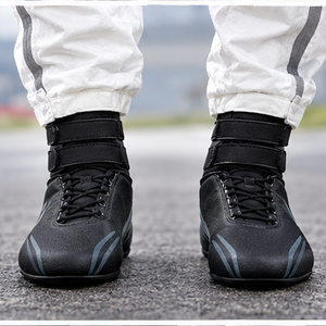 Bottes de moto montantes en cuir véritable avec semelle extérieure en caoutchouc, fermeture auto-agrippante, antidérapantes, bout fermé, légères et respirantes - Product Image 1