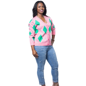 Cardigan en tricot tricolore pour femme, rose, vert et blanc, à manches longues, ouvert sur le devant, pull décontracté, mode color block, vêtement d'extérieur personnalisé - Product Image 1