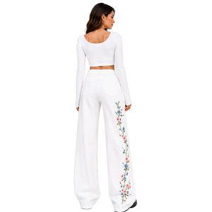 Jeans de Pierna Ancha con Bordado Floral Blanco para Mujer, Pantalones de Mezclilla de Cintura Alta, Corte Holgado, Ropa Casual Urbana, Personalizable OEM ODM - Product Image 2