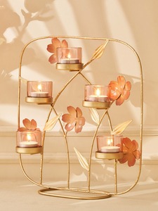 Brass Gold Spiral <b>Ring</b> Candle Holder 3 <b>Amber</b> Glass Tea Light Cups Stand Home Decor - Product Image 6