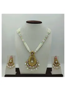 Elegant traditional pearl <b>bead</b> necklace <b>set</b> with antique gold pendant pastel stones and matching earrings for wedding - Product Image 2